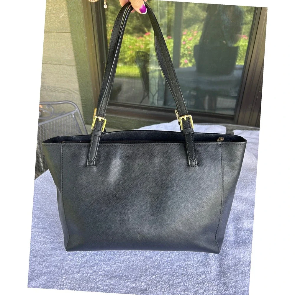 Tory Burch York Small Buckle Tote Black Saffiano Leather Work Shoulder Bag